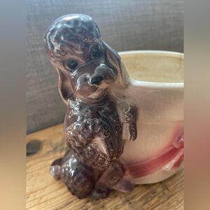 Dusty lilac poodle vintage 1940s 50s ceramic McCoy planter pink bow MCM